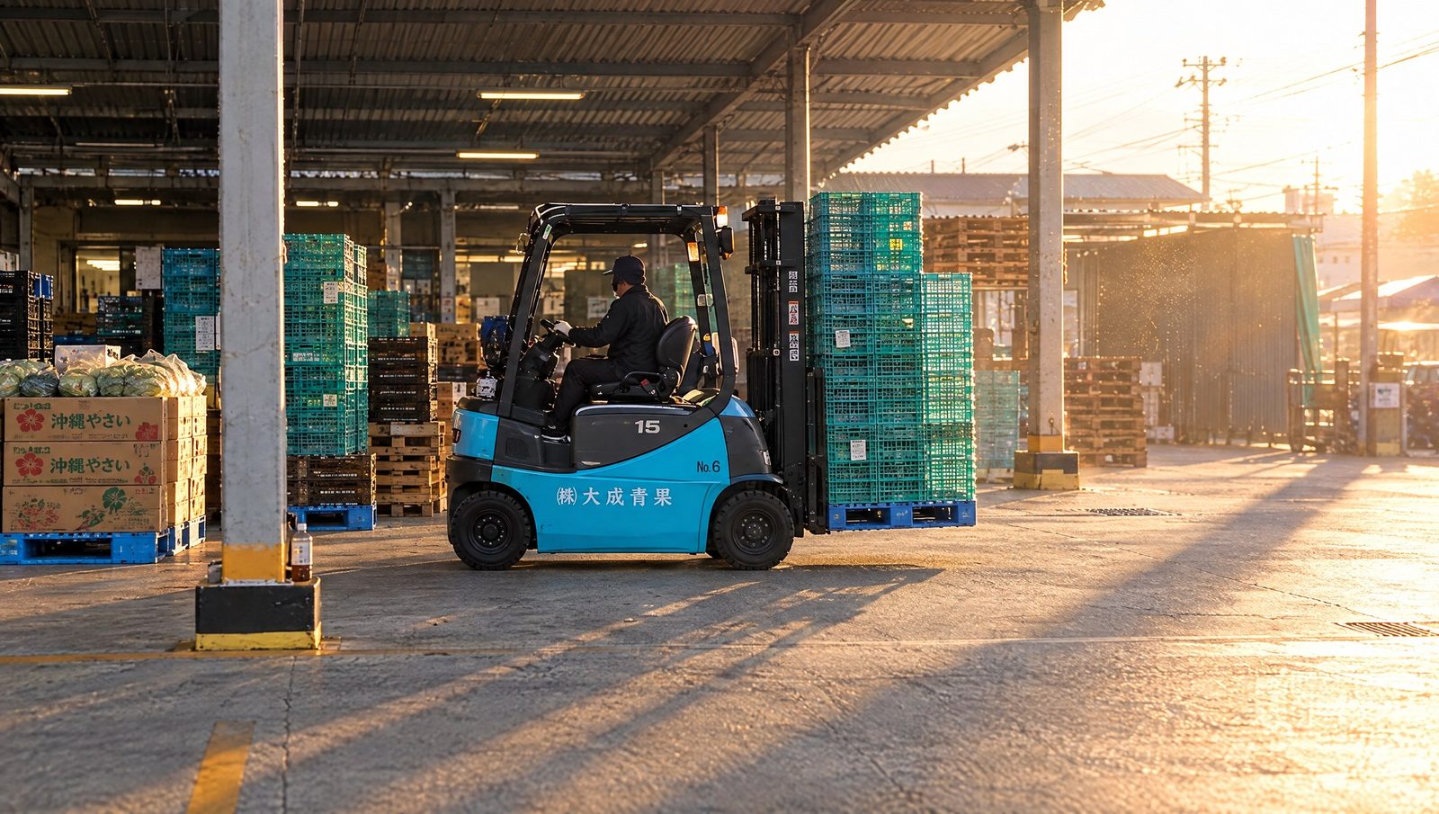 場内でパレットを運ぶ